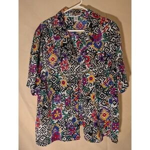 Jordan Women's Blouse 16W Black‎ White Geometric Floral Print Short Sleeve